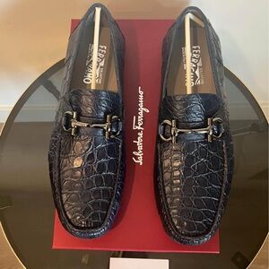 Salvatore Ferragamo Men's Navy Crocodile Slip-Ons